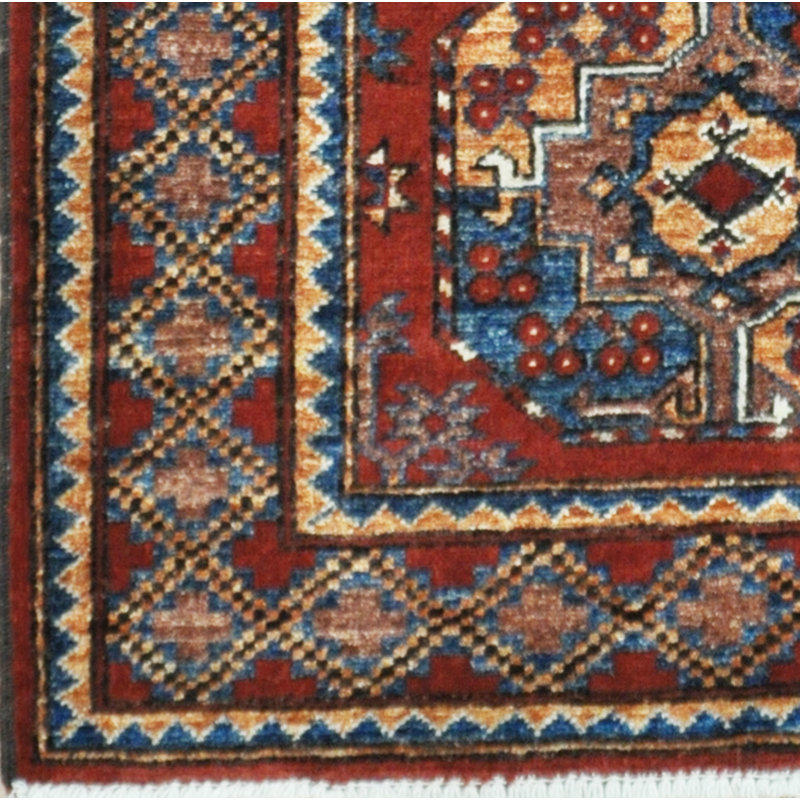 Tapis géométrique rouge / bleu / beige en laine noué à la main 2 pi 9 po x 4 pi 6 po