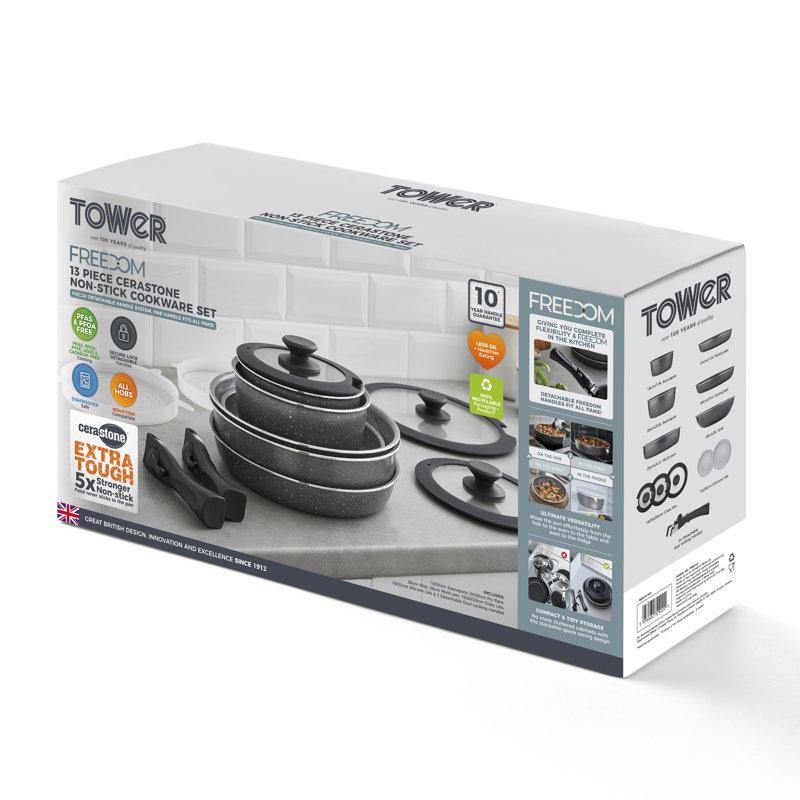 Tower Freedom Detachable Handles Cookware Set with Cerastone Coating, Stackable Design, 13pc, Graphite, Cerastone Black