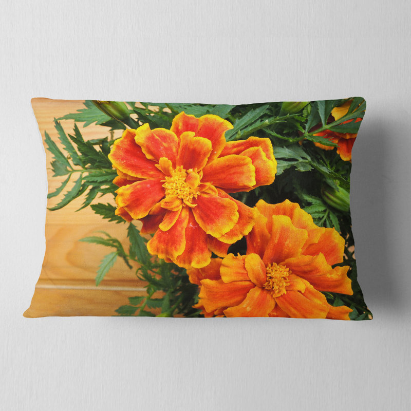 Coussin lombaire en bois floral à fleurs marigold sur fond
