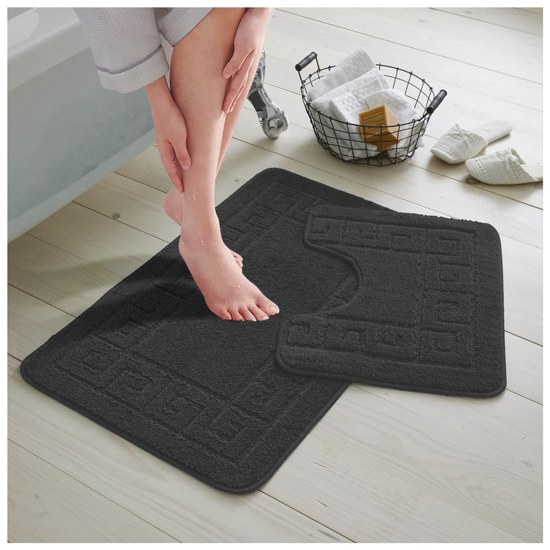 2 Piece Bathroom Rug Set Greek Key Pattern Bath Mat & Pedestal Mat Non Slip Rubber Back Soft Absorbent Mats, Charcoal