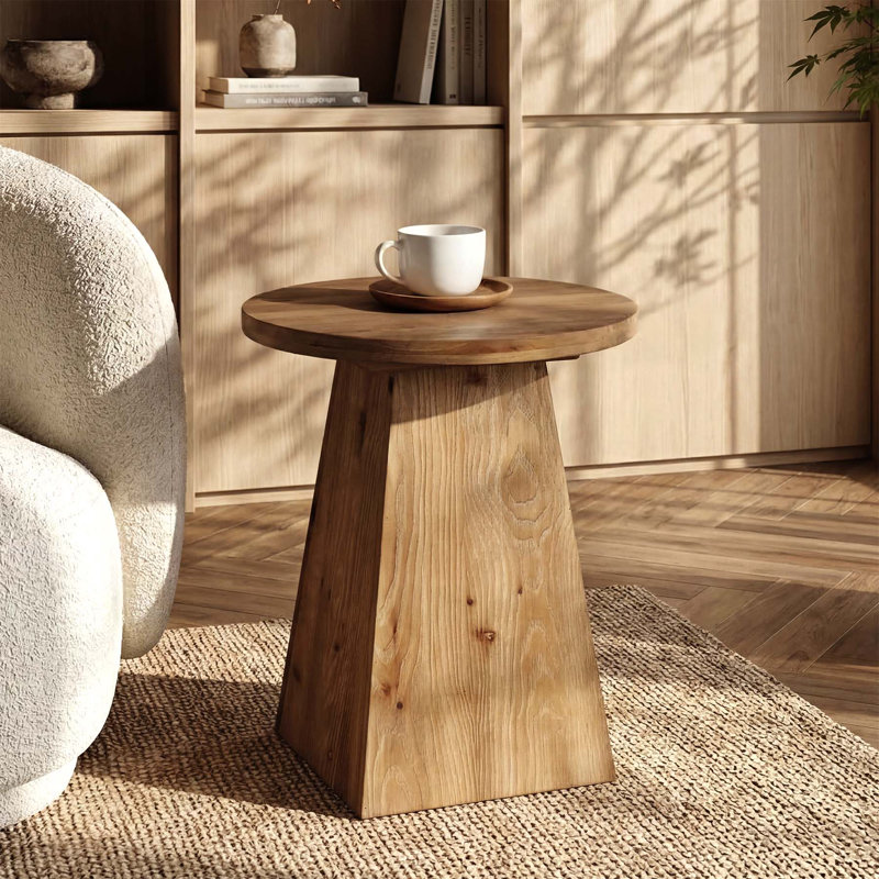Petite table de bout en bois massif de 19 po avec base trapézoïdale, table d'appoint ronde de salon, 1