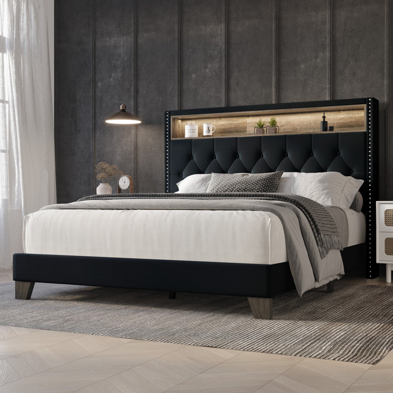 Fording Upholstered Bookcase Storage Bed, Charcoal Gray, Full