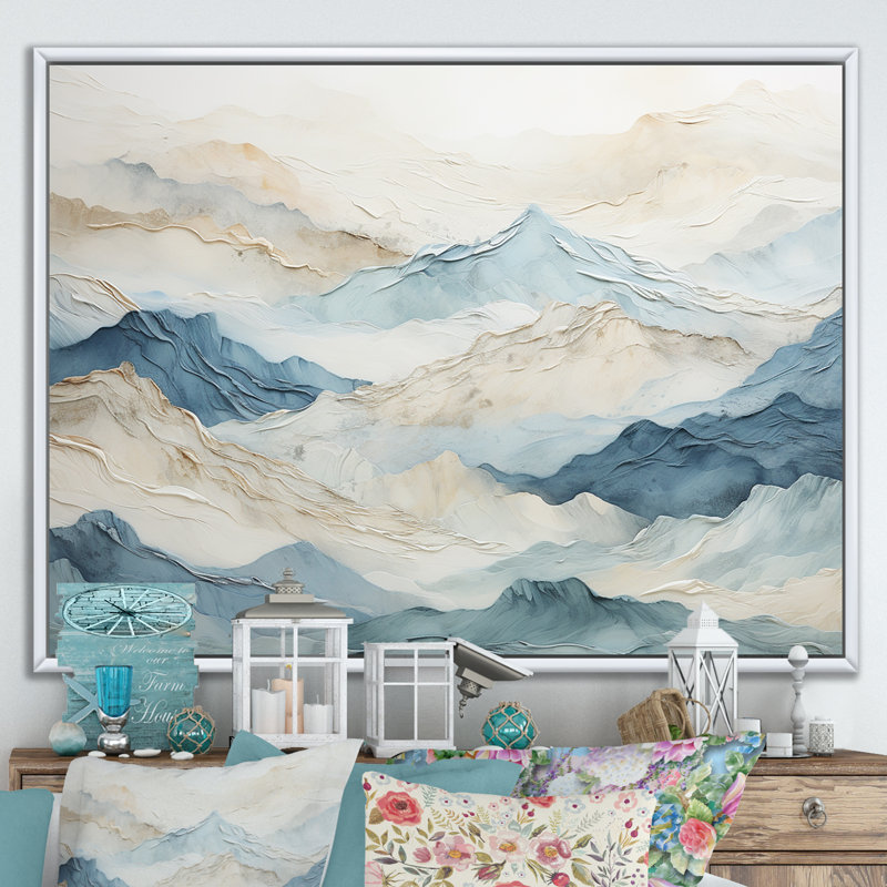 «Minimalisme gris et bleu, brise de montagne - paysage montagneux, reproduction d'art sur toile», Cadre flottant blanc