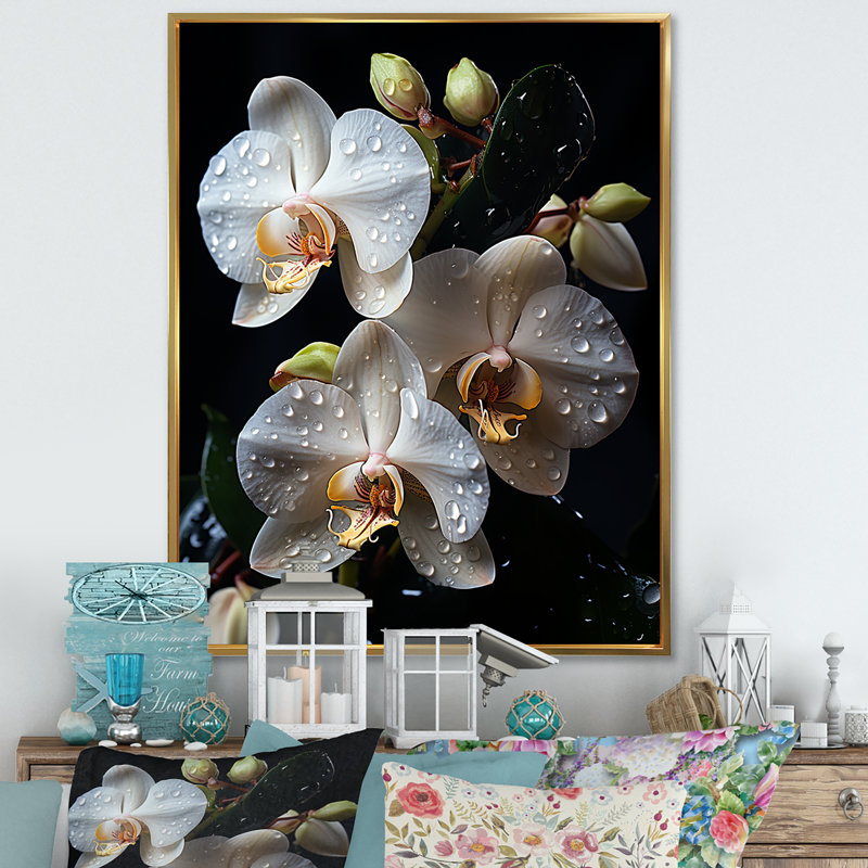 Orchidées blanches pétales d'élégance I, H 32 po x l 24 po x P 1 po, Cadre flottant doré