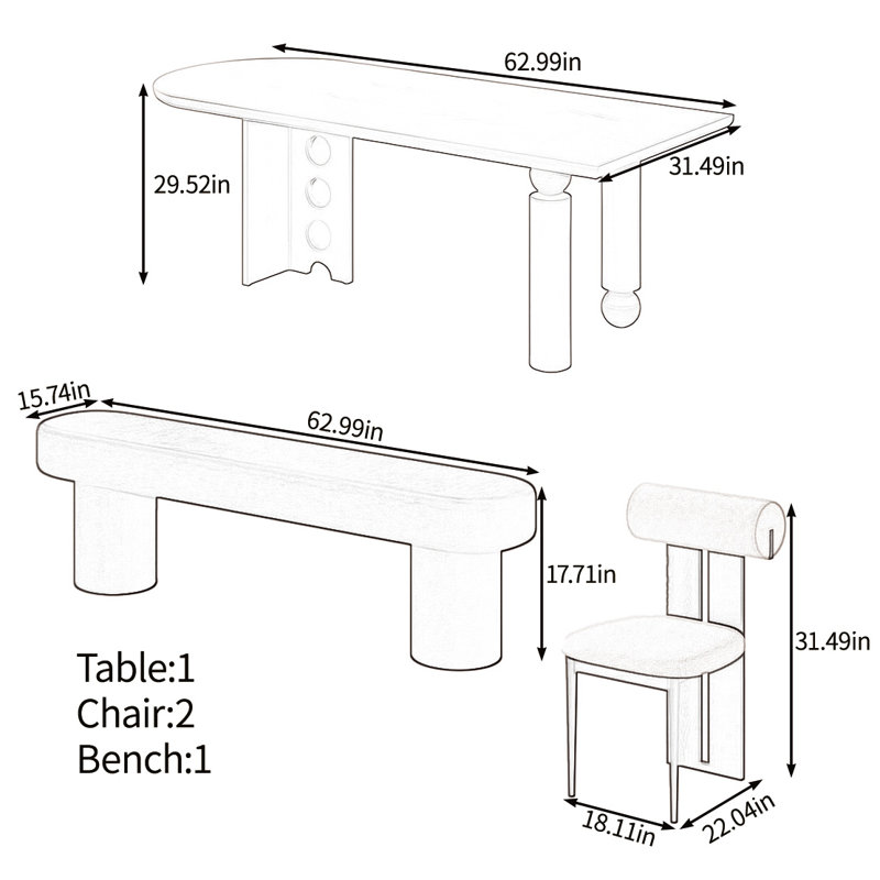 Creative solid wood table dining set, 29.52"H x 62.99"L x 31.49"W