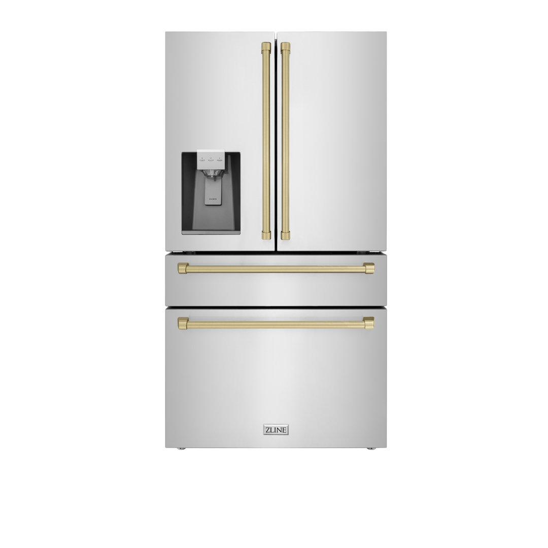 ZLINE Autograph Edition 36 in. 21.6 cu. ft. Counter-Depth French Door Refrigerator with Water and Ice Dispenser in Fingerprint-Resistant Stainless Steel with Handle ZLINE Accent 