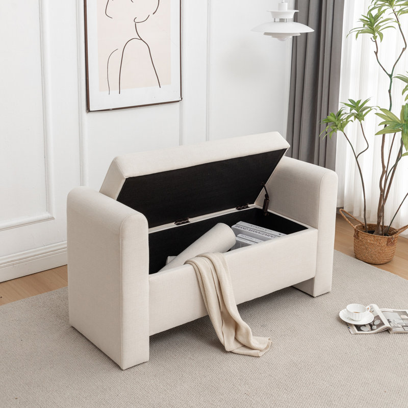 Banc de rangement rembourré en polyester Lataja, Crème, H 24 po x l 46 po x P 19,7 po