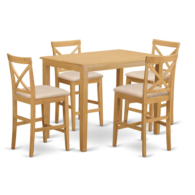 Ensemble de table de salle à manger à hauteur de comptoir 5 pièces comprenant une table de salle à manger rectangulaire et 4 chaises rembourrées en tissu de lin, chêne