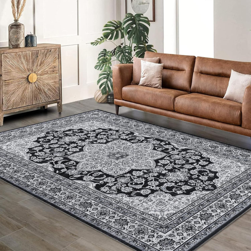 Vintage Washable Area Rug, Floral Medallion, Soft Accent Carpet for Living Room, Bedroom, Entryway, Non-Slip, Low-Pile, (Brown)