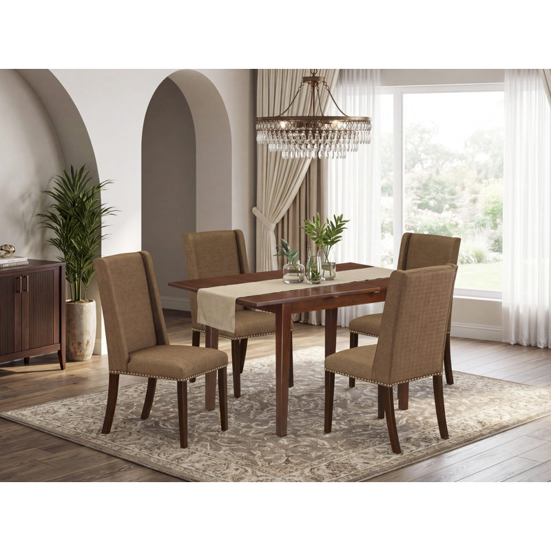 5 Piece Kitchen Table & Chairs Set Includes a Rectangle Butterfly Leaf Dining Table and 4 Brown Linen Fabric Parson Chairs, Mahogany