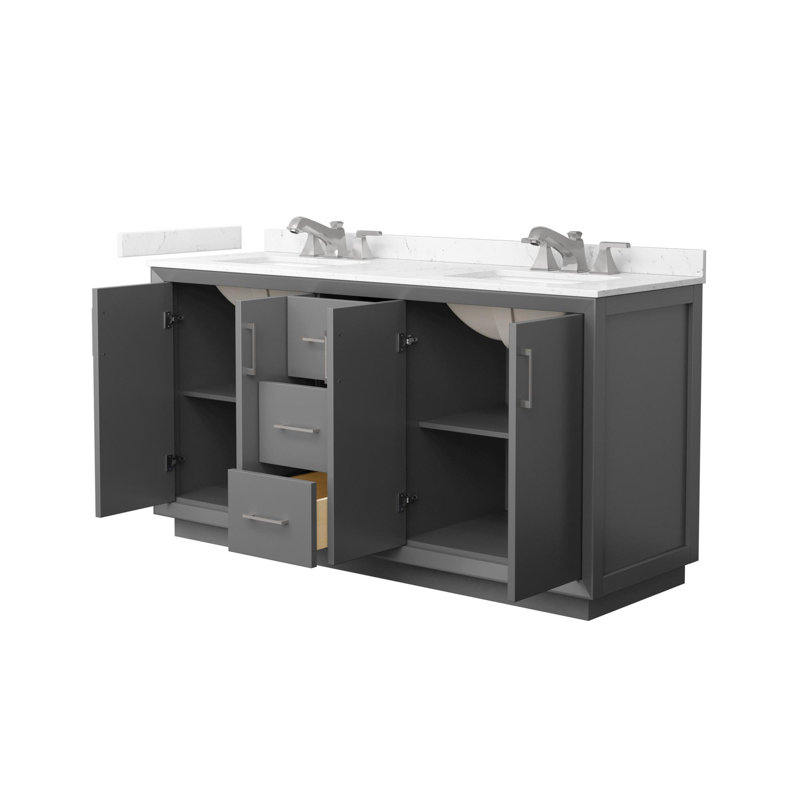 Strada 66" Freestanding Double Bathroom Vanity with Cultured Marble Top, White, Satin Bronze, Carrara Cultured Marble