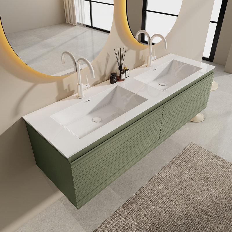 60'' Wall-Mounted Double Sink Vanity, PVC Cabinet And Solid Surface Top