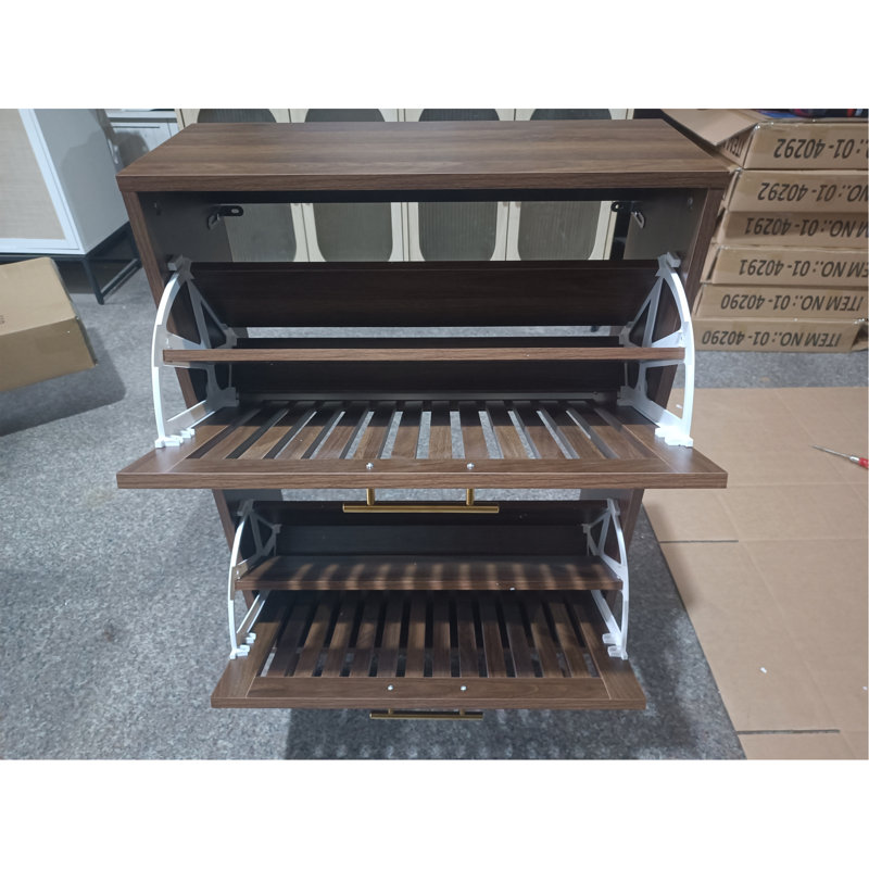 23.6-Inch Walnut Shoe Cabinet, Medieval Modern Independent Shoe Cabinet, Fence Shoe Cabinet With 2 Flip Drawers, Suitable For Corridors And Entrances