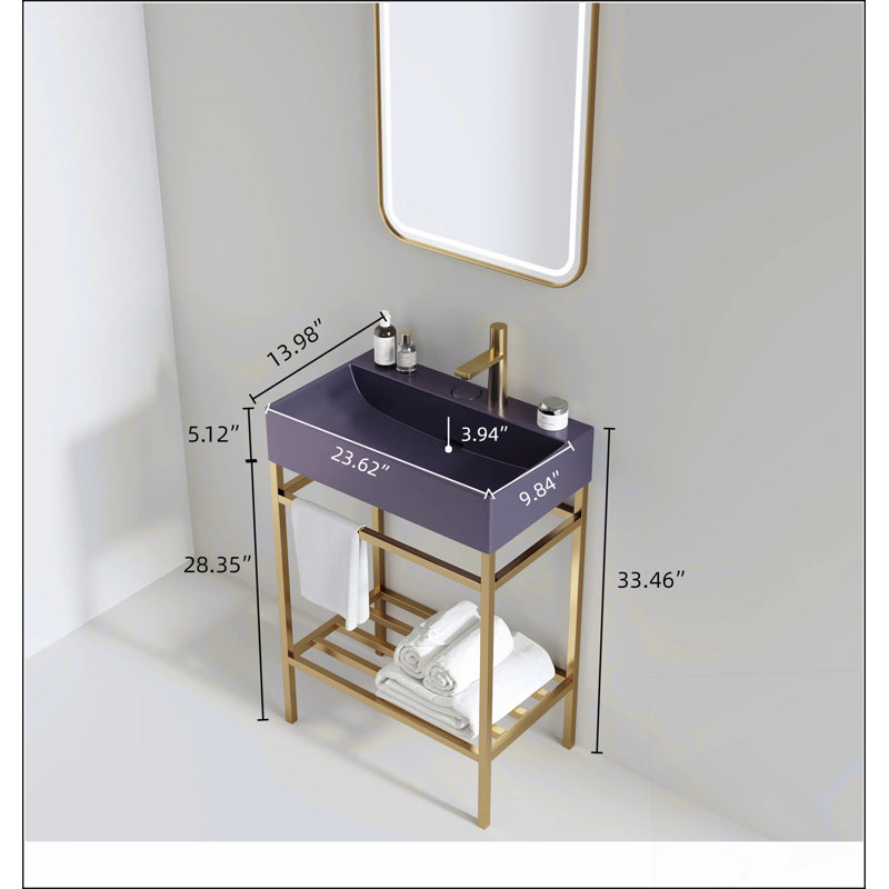 Meuble-lavabo 24 po avec lavabo en céramique, ensemble de lavabo console sur pied, lavabo rectangulaire en céramique mauve brillant sans robinet, pieds en métal ouverts, tablettes de rangement, doré
