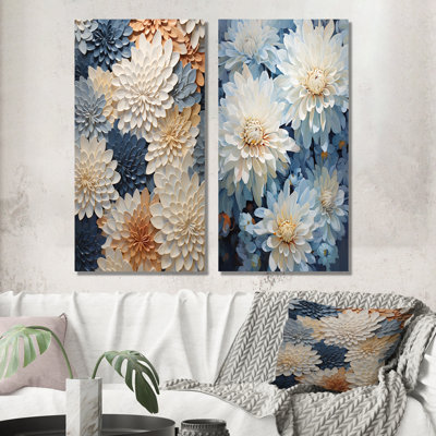 «Garden Bliss Mums» en blanc et bleu - ensemble de 2 reproductions d'art sur toile