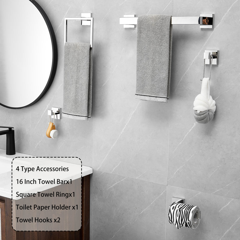 16'' 4 Wall Towel Bar, Polished Chrome