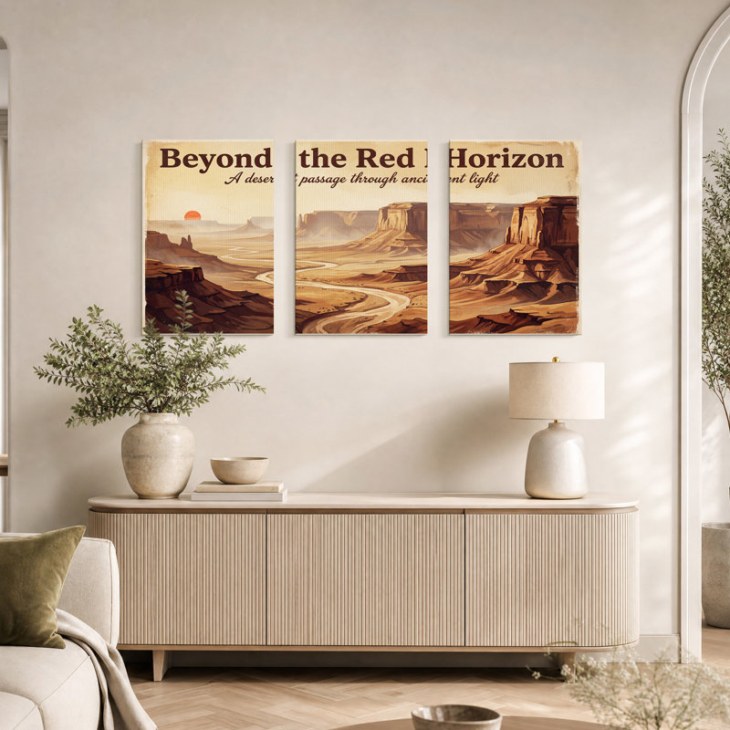 «Winding River In Desert Canyon» avec ensemble de 3 toiles rouges, H 24 po x l 16 po x 3 pièces