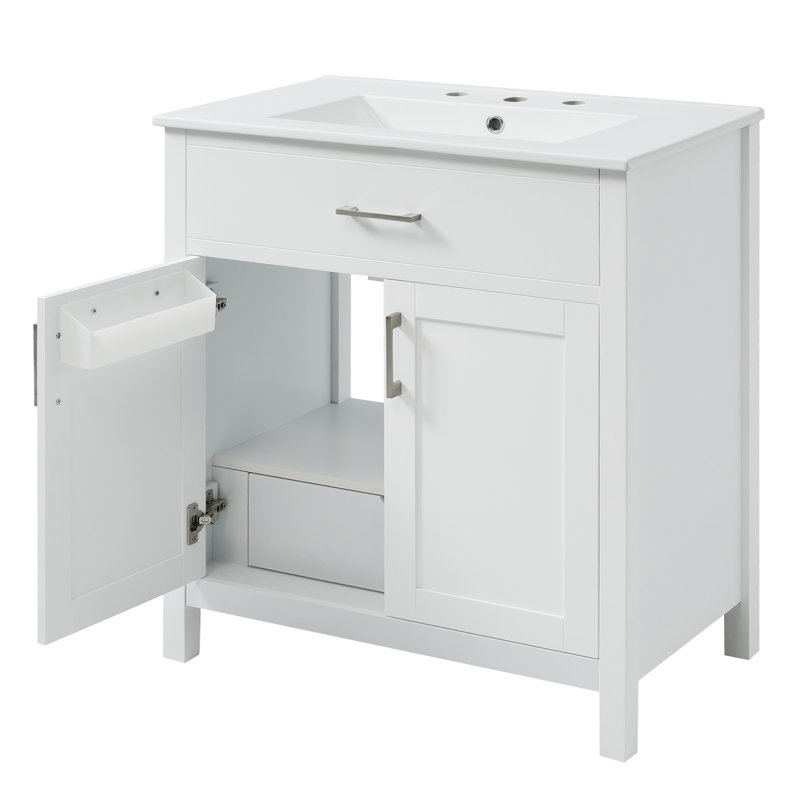 Meuble-lavabo de 30 po: lavabo en céramique et beaucoup de rangement. Compact pour les petites salles de bain. Blanc, bois massif +. 2 portes, 1 tiroir. Élément élégant