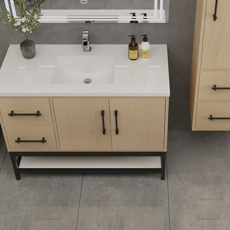 Victoria 42'' Left Drawer Wall-Mounted Vanity with Reinforced Acrylic Sink & Rack, Yellow Oak