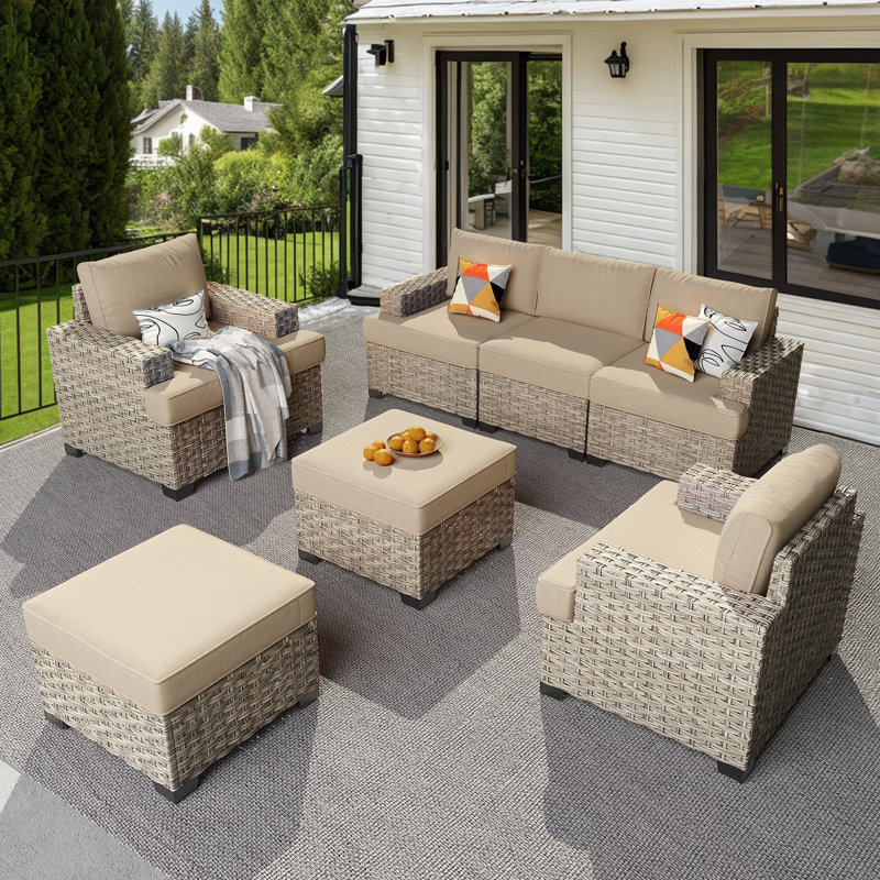 Ensemble de conversation d'extérieur en rotin pour 7 personnes avec coussins, Beige