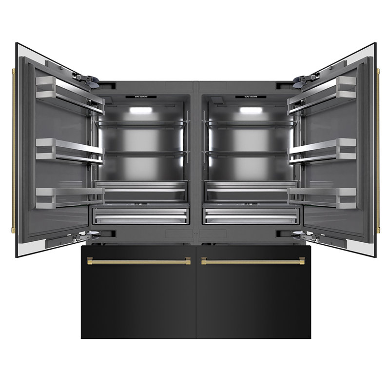 ZLINE Autograph 72 in. Black Steel Built-In Refrigerator w/ Gray Interior & Bronze Helix Handles, Gold