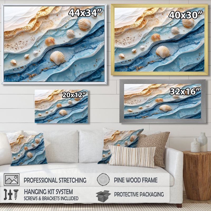 Abstrait coquillage et plage vue aérienne V - art mural côtier pour le salon, H 34 po x l 44 po, Cadre flottant, Noir