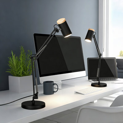 31" Large Size Tall Adjustable Metal Table Lamp, Swing Arm Desk Lamp with Wooden Accent, Max 25W E26 Base, Black