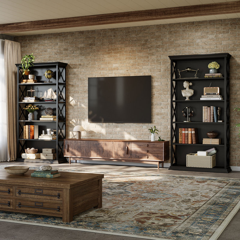 71" Etagere Bookshelf Set, 5-Shelf Industrial Bookcase For Home Office, Living Room, Black, 2