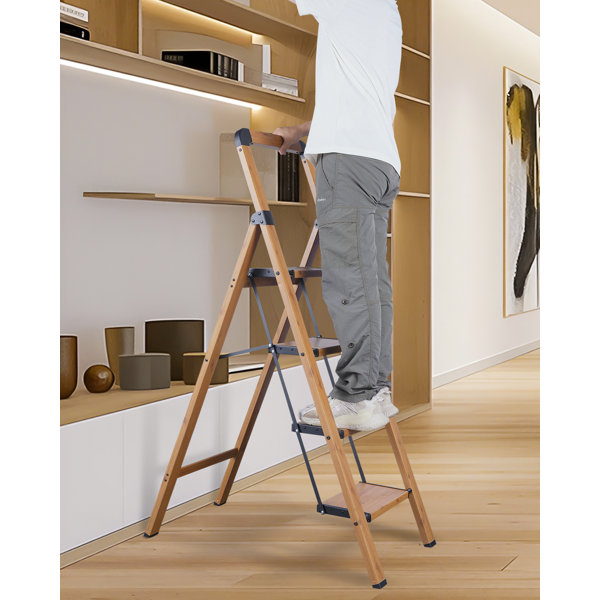 Step Ladder Assembly Gracie Oaks 4-Step Folding Step Ladder,Aluminum with Woodgrain Finish ...