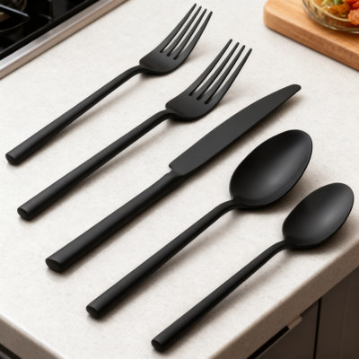 Potter Black 45-Piece Stainless Steel Flatware Set, Service For 8 With Utensil-Serving Set, Modern Satin Finish Silverware For Home Kitchen And Entertaining