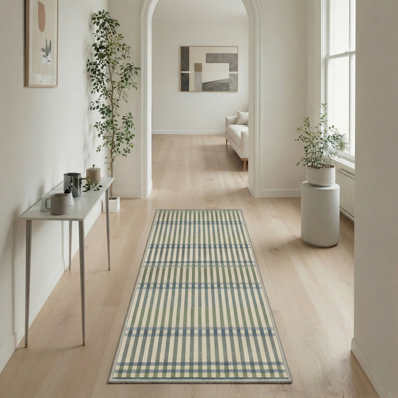Abdellah Modern Plaid Machine Washable Green/Blue/Beige Indoor Area Rug with Non-Slip Backing, Runner 2' x 6'