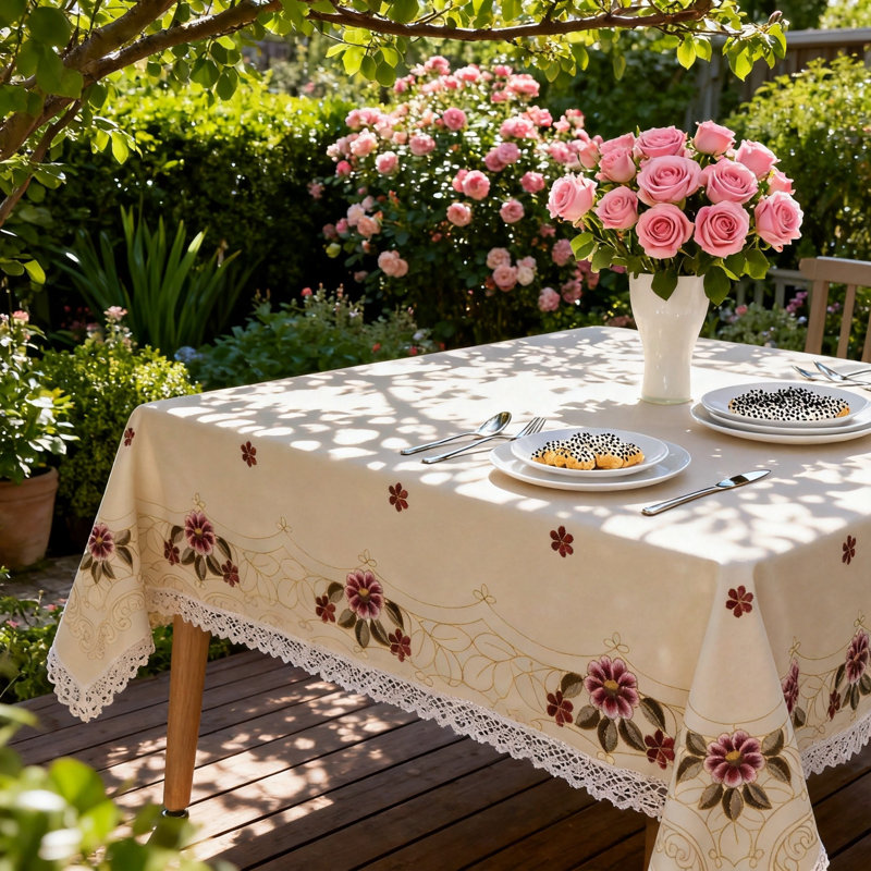 Nappe rouge à motif floral imperméable, infroissable et résistante aux taches, convenant à un espace de cuisine.