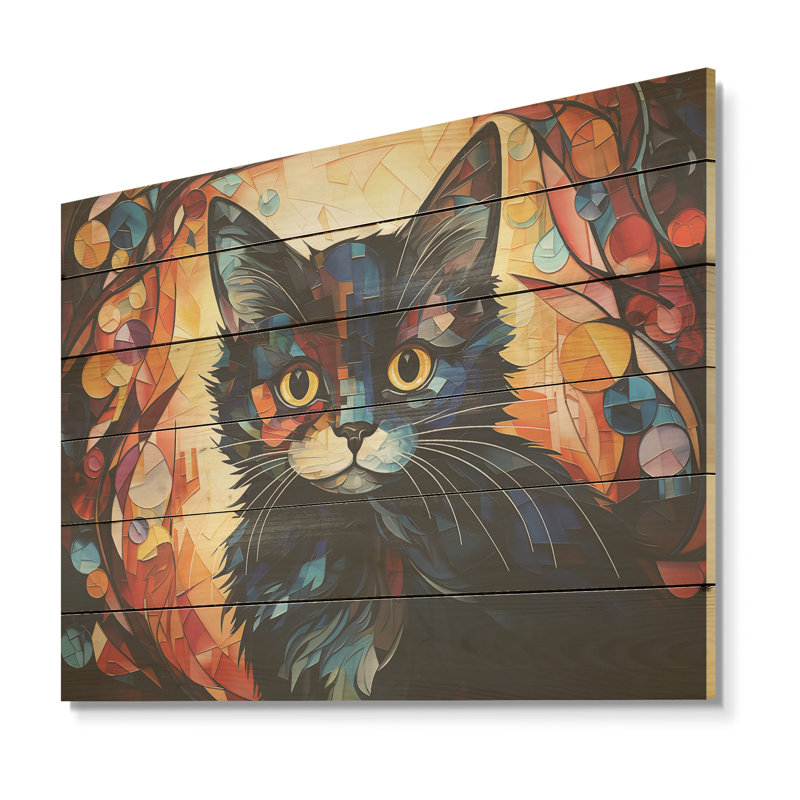 Abstrait Munchkin Marvel Cat Portrait I - Art mural en bois sur bois de pin naturel, H 24 po x l 32 po