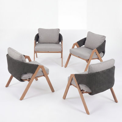 Ensemble de 4 chaises de jardin résistantes aux intempéries, structure en acier, coussins gris, style moderne en rotin.