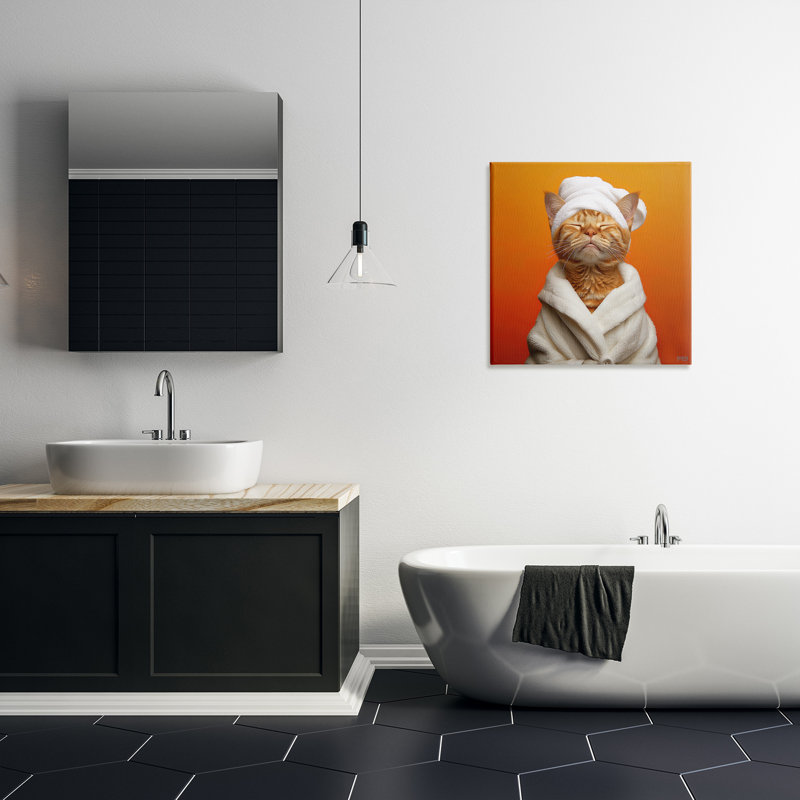 "Chat en peignoir" par RB sur toile, H 24 po x l 24 po