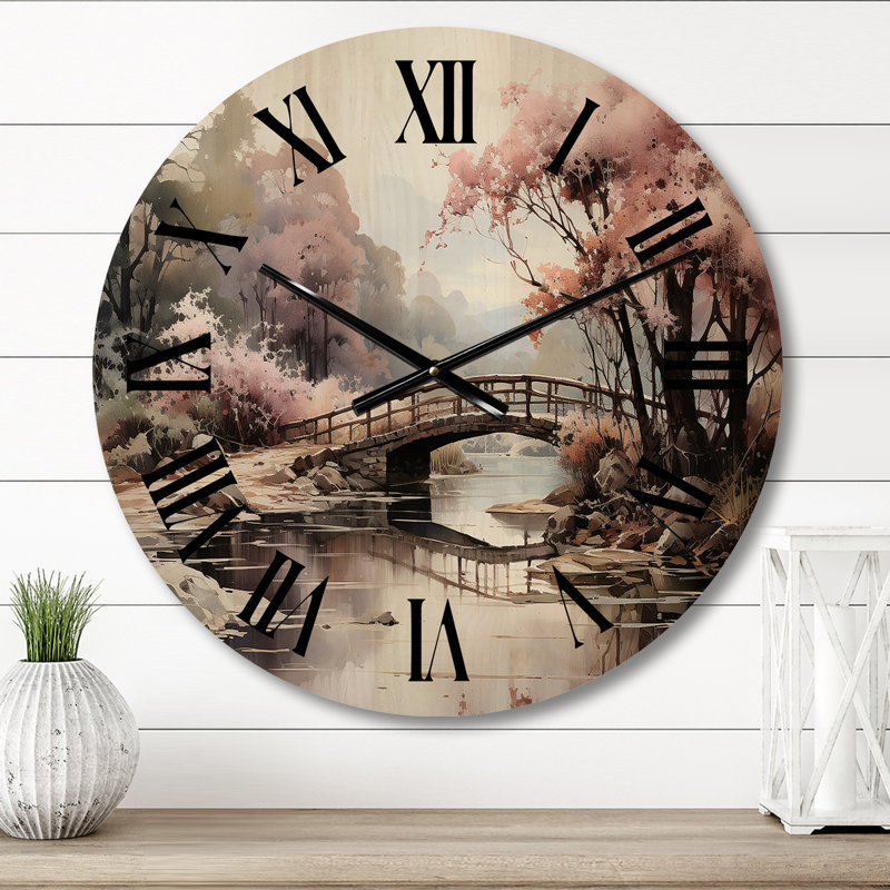 Horloge murale surdimensionnée en bois Pink Bridge Misty Morning Passage, Petit