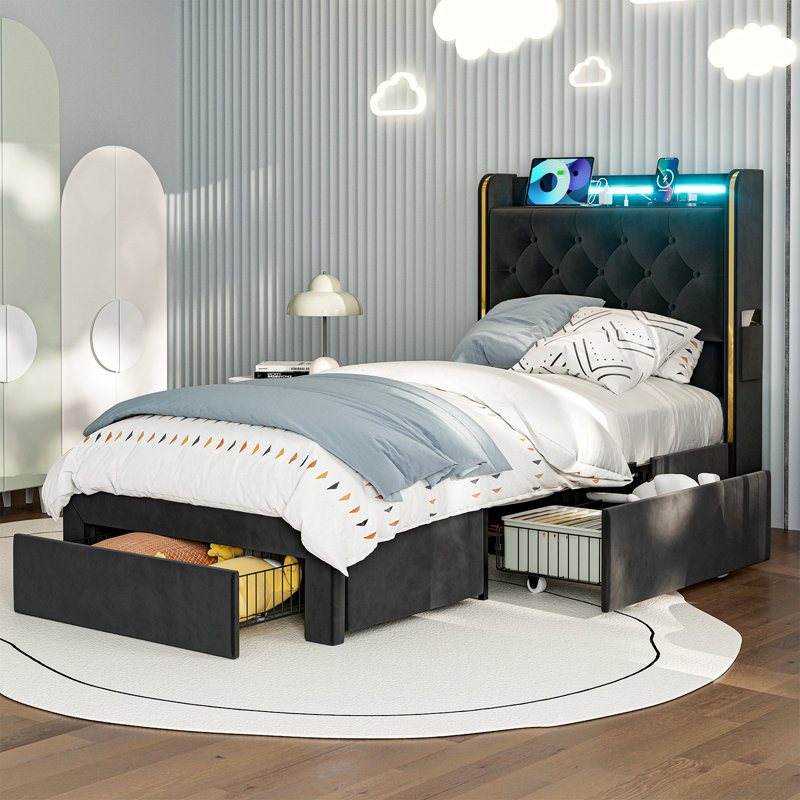  49.2" Tall Twin Xl Bed Frames With Storage Drawers, Velvet Upholstered Platform Bed With Wingback Storage Headboard, Led Lights & Charging Station, No Box Spring Needed, Noise Free, Black