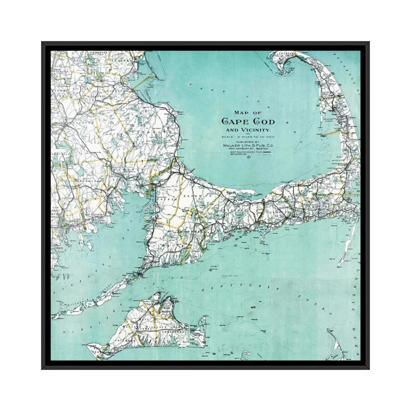 «Cape Cod and Vicinity Map» - impression, H 12 po x l 12 po x P 1,5 po, Toile avec cadre noir