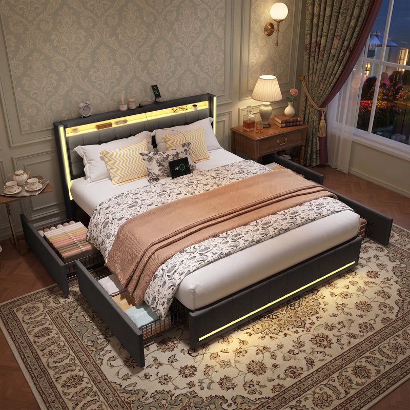 Upholstered Double Bed Frame With 4 Storage Drawers And Headboard, Platform Bed With LED And Charging Station, No Mattress, (Linen)