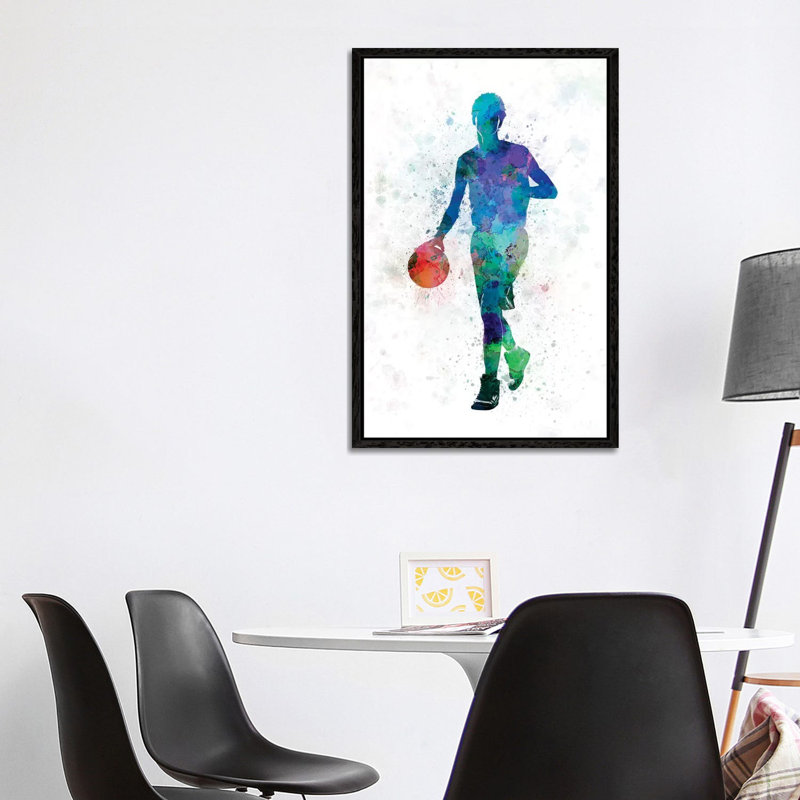 Young Man Basketball Player Dribbling by Paul Rommer - Painting on Canvas, 101.6 cm H x 66.04 cm W, Black Framed
