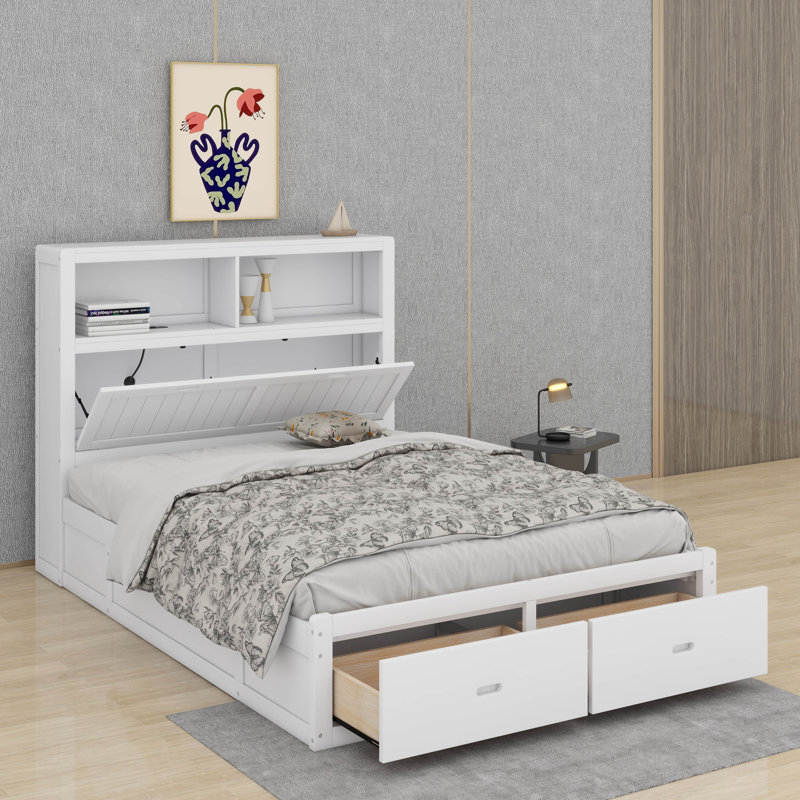Queen Size Hydraulic Platform Bed With LED Headboard, Charging Station And Drawers, White