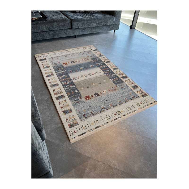 Tapis décoratif moderne bleu à motif mixte lavable à la machine, Sous-tapis rectangulaire 4 pi 7 po x 6 pi 7 po inc