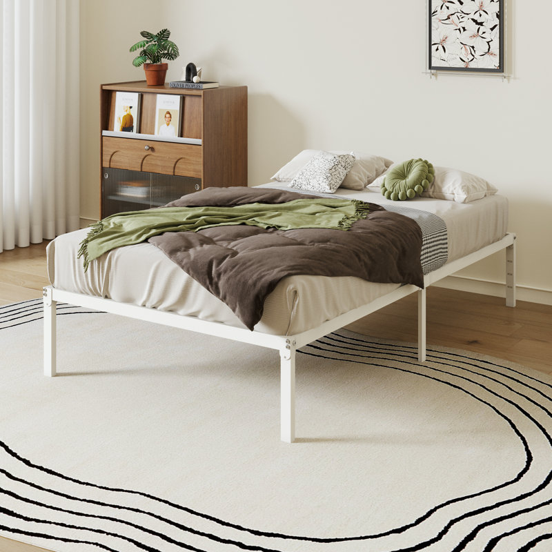 Base de lit plateforme en métal 14 po avec espace de rangement, Lit simple, Blanc, 14"