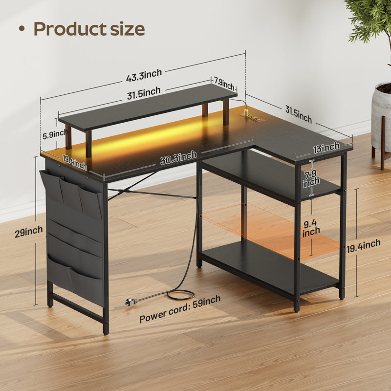 HLDIRECT 43 Inch L Shaped Computer Desk with Power Outlet, Gaming Corner Desk with LED Lights, Home Office Table with Storage Shelves & Monitor Stand for Bedroom, Black