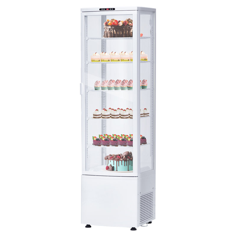 White 9.8 Cu.ft Commercial Upright Display Refrigerator, Four-Sided Double-Glazed Glass with LED Lighting for Bakery or Café