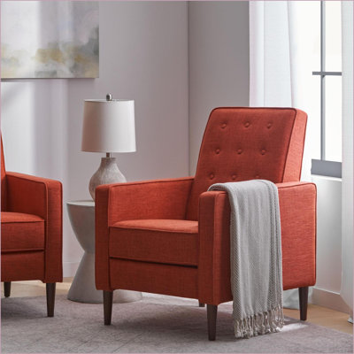 Recliners Mid-Century Modern Pushback Tufted Fabric Recliner – Thicker Cushion, Wooden Legs | Wheat Color