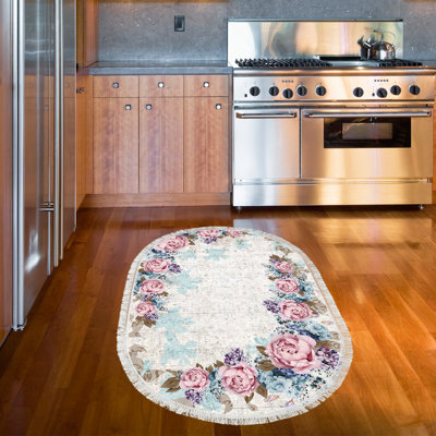 Tapis ovale en polyamide tissé à la machine en bleu / rose / blanc