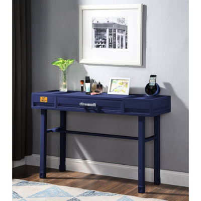 Metal Vanity Desk In Blue, One Drawer, Frame, Recessed Panels, Iron Plate Top, Side Glide Drawer With Manual Close 、、、、、