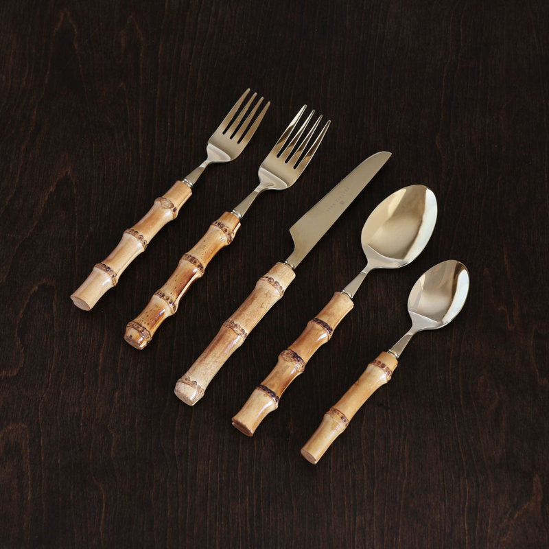 Ensemble de 5 couverts Vida en bambou inoxydable naturel, Or / naturel