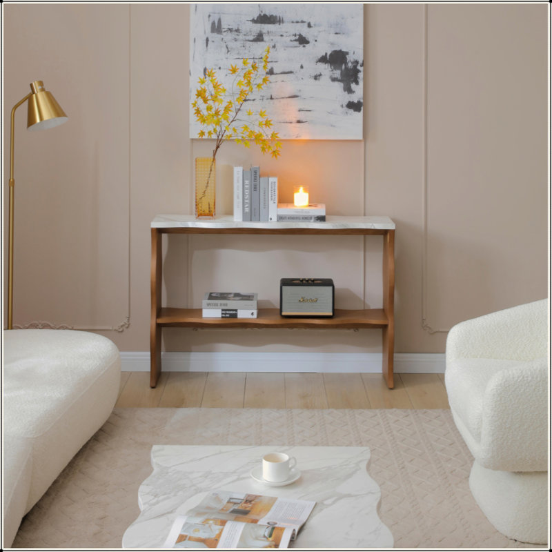 47.24" Whisper Of Waves Modern Console Table W/ White Marble-Pattern Top, Solid Wood Veneered Sofa Table W/ Open Storage Shelf, Entryway Table For Living Room